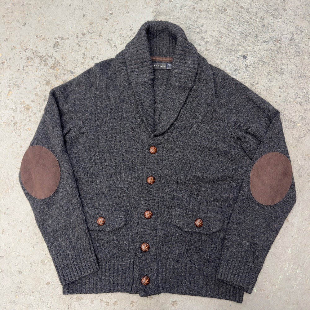 Zara Man Charcoal Grey Wool Blend Shawl Collar Cardigan Elbow Patches Size M